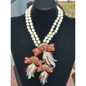 New HEIDI DAUS "Reel McKoi KOI" Fish Dual Strand Mother of Pearl Beaded Necklace